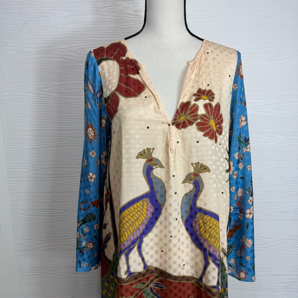 Carolina K Colorful Peacock Print Tunic Dress Art to Wear Art deco - Picture 6 of 16